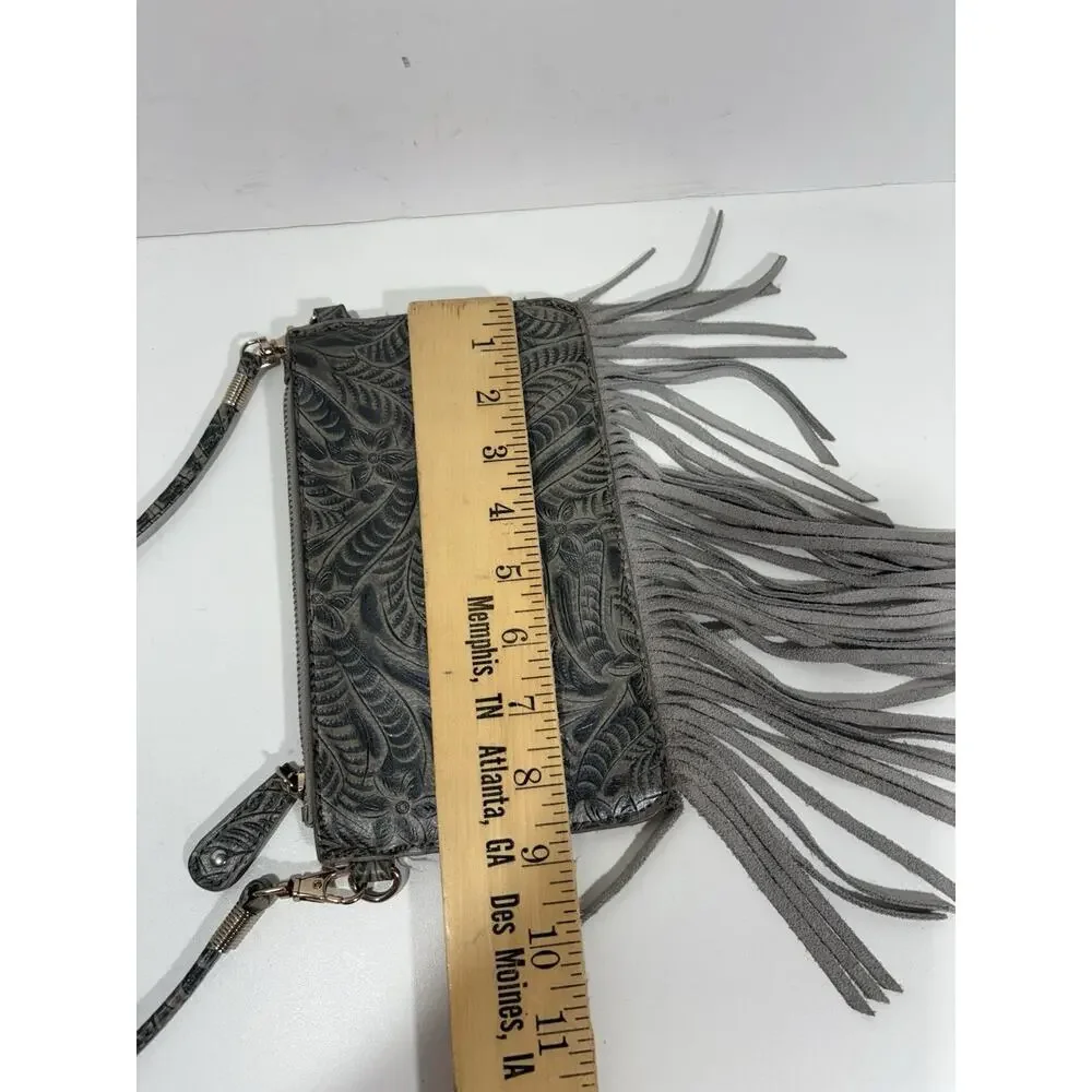 Free People Fringe‎ Boho Western CrossBody Embossed Leather Purse Bag Gray/black